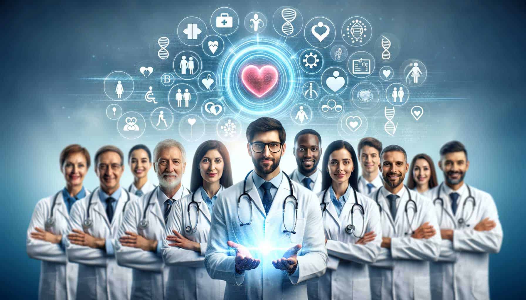a group of doctors standing in front of a digital screen