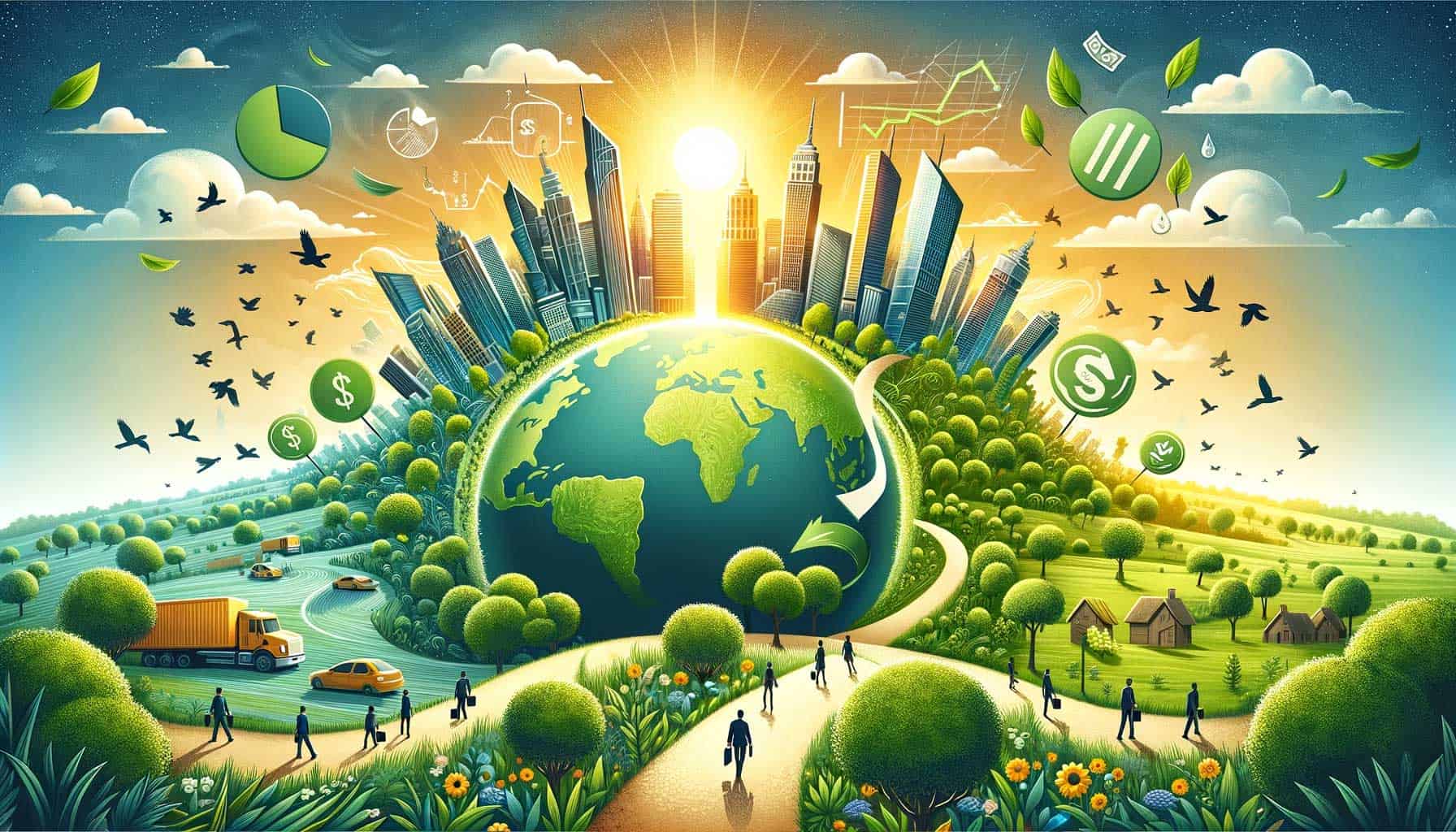 a painting of a green earth surrounded by trees and buildings