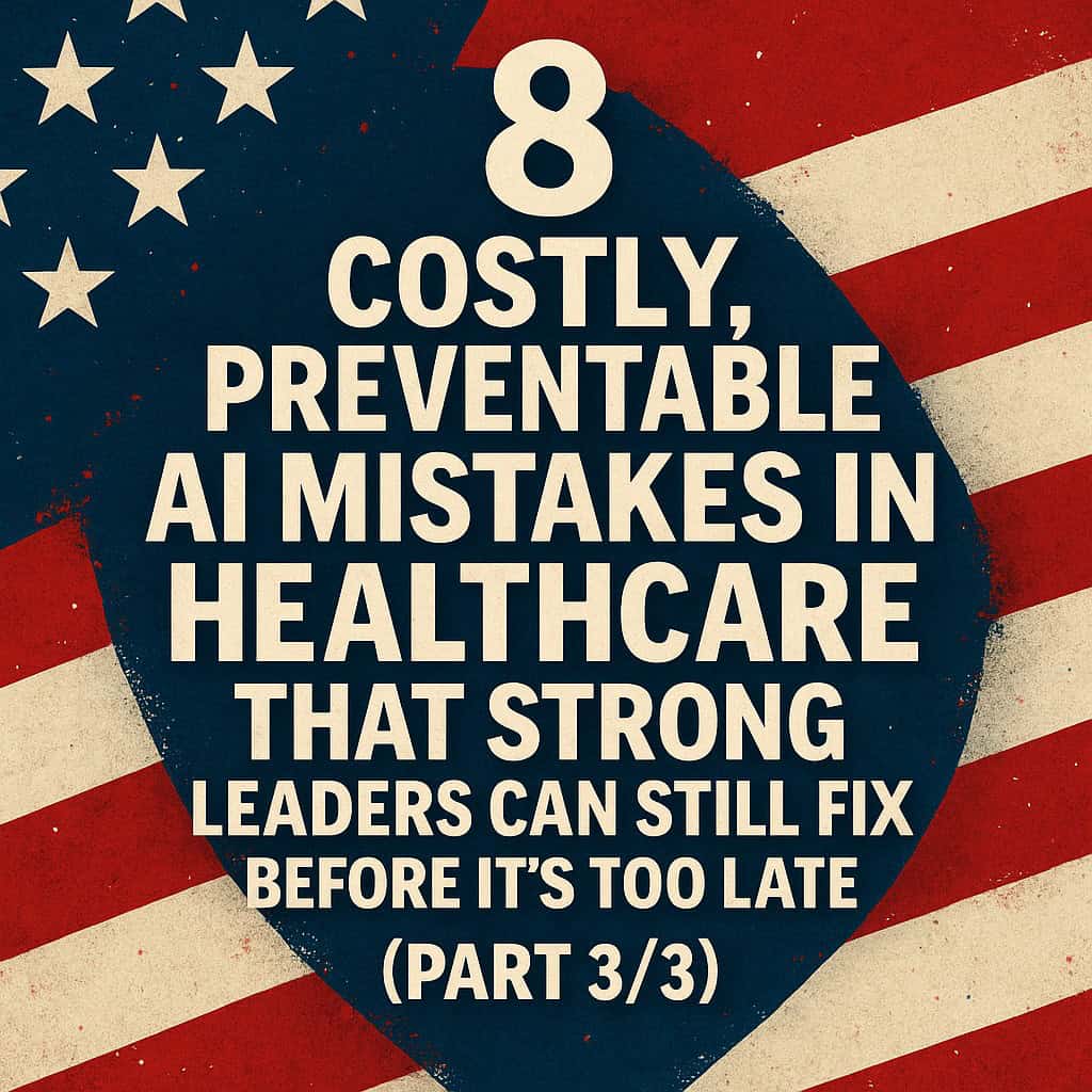 Text graphic reads: "8 costly, preventable AI mistakes in healthcare that strong healthcare leadership can still fix before it's too late (Part 3/3)" over a stylized American flag background.