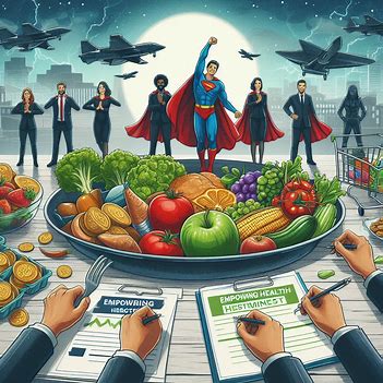 Animated scene depicting superhero figures behind a large platter of fruits and vegetables, with two hands strategically filling out charts labeled "Empowering" and "Health." Jets and a city skyline are in the background.