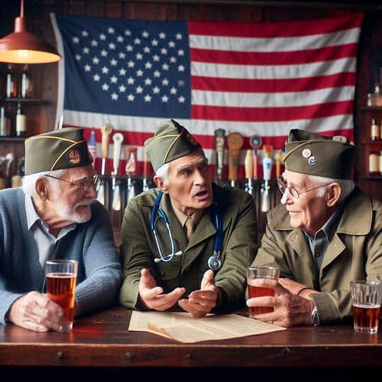 Three veterans in military attire sit at a bar with drinks, engaged in conversation about their experiences and healthcare concerns, with an American flag proudly displayed in the background.