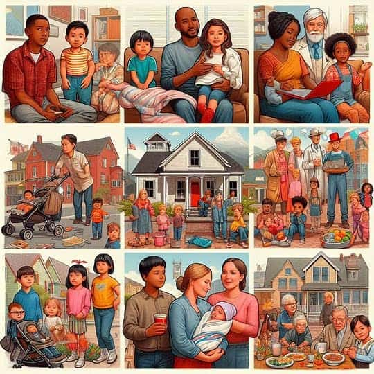 A collage of diverse families engaging in various activities, such as reading, walking, and celebrating, with a central image of a cozy house symbolizing housing.