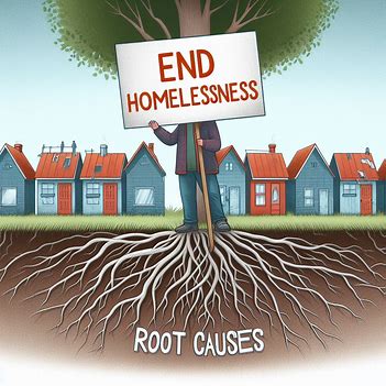 Illustration of a person holding a sign that reads "End Homelessness" in front of houses, with tree roots labeled "Root Causes" extending downward, symbolizing the importance of addressing root causes to support our communities.