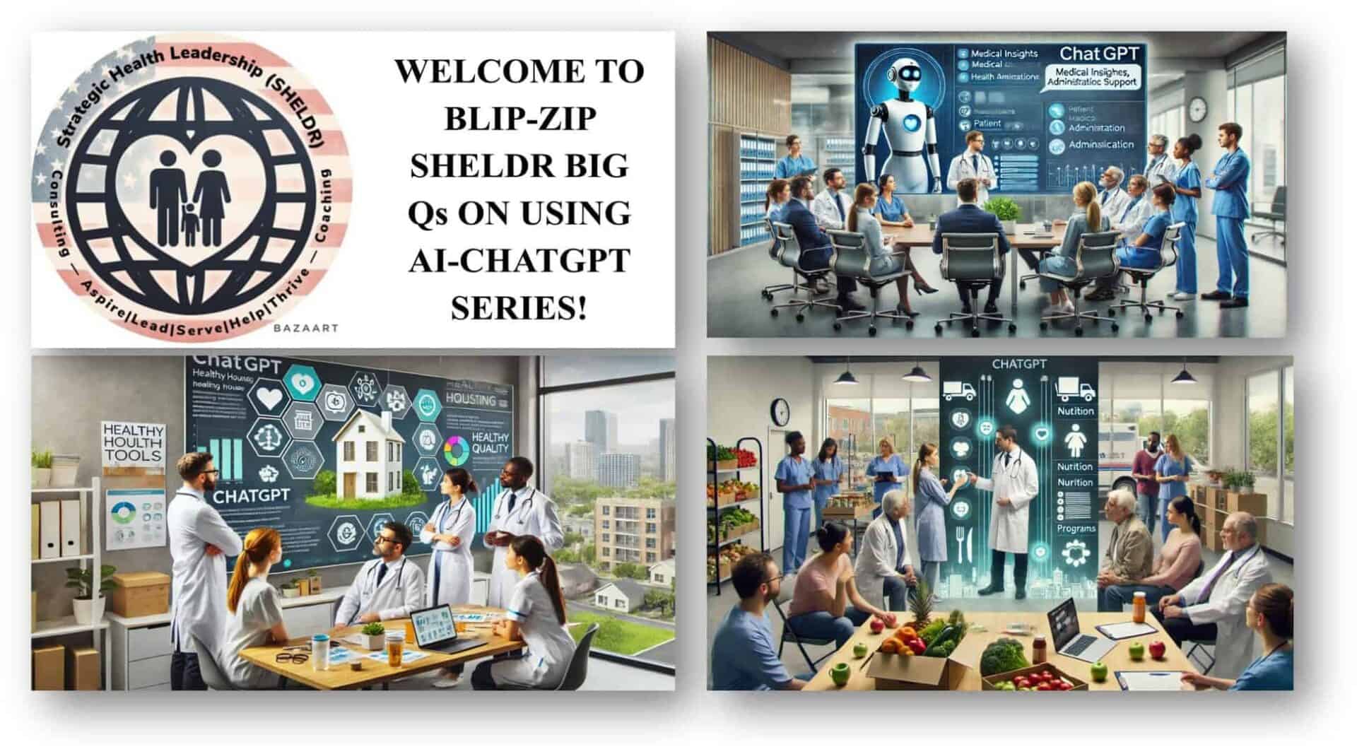 A series of illustrations depicting medical professionals and a robot engaging in discussions about AI in healthcare settings. Texts include "ChatGPT," "HEALTHY HOUSTON PROGRAM," and "WELCOME TO BLIP-ZIP SHELDR.