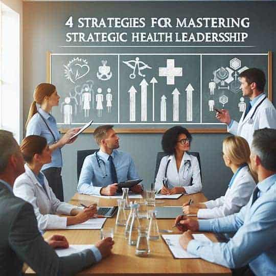 A group of healthcare professionals in a meeting room is engaged in a discussion titled "4 Strategies for Mastering Strategic Health Leadership (SHELDR)" with a detailed presentation on the blackboard.