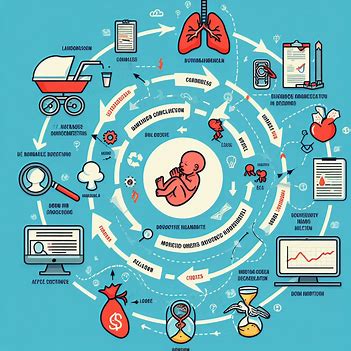 Infographic showing the life cycle of a baby with illustrations of various stages and factors, including childbirth, parenting, education, healthcare, financial aspects, and lifestyle choices, incorporating systems thinking tools to highlight interconnected elements.