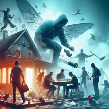 Surreal scene of a hooded figure with insect wings hovering over a house, people in various activities, flying items, and scattered objects creating chaotic atmosphere—a metaphor for the opioid crisis through different frames of reference.