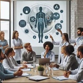 A group of healthcare professionals, akin to a team receiving expert coaching, discusses a medical diagram of the human body displayed on a screen in a conference room.