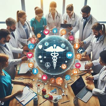 A group of healthcare professionals in lab coats and scrubs gather around a table, engaging in discussion. Their interdependence is evident as they focus on a digital representation of a caduceus surrounded by medical icons.