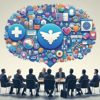 Eight people in suits sitting around a table in discussion, with a large health-themed illustration featuring medical symbols and icons above them, demonstrating strategic leadership.