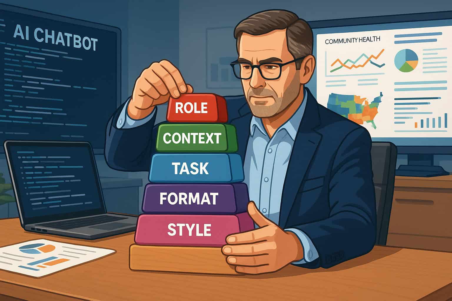A man in an office stacks blocks labeled style, format, task, context, and role—key parts of AI prompt development—while AI chatbot information and community health charts highlight urgent steps for effective health leadership on nearby monitors.