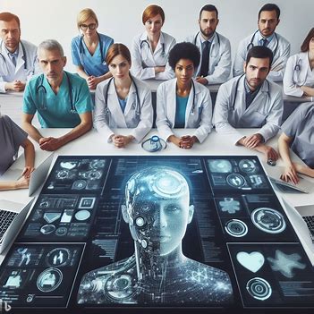 Group of medical professionals gathers around a digital display featuring a holographic image of a human face and various medical icons and data, collaboratively analyzing to avoid groupthink and ensure diverse perspectives in their assessment.