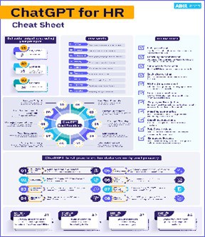 A ChatGPT for HR cheat sheet detailing AI tools for HR tasks, including efficiency tips, strategies, and suggested prompts. Contains text and infographic elements.