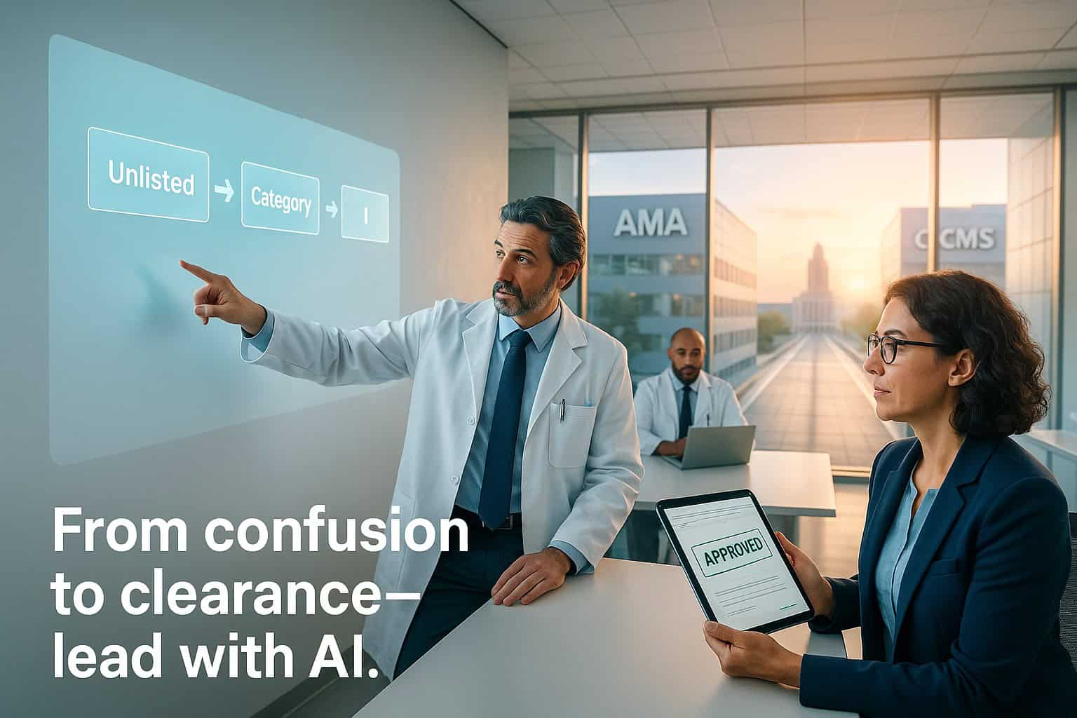 6 ChatGPT Assisted Leadership Tips Using to Accelerate and Overcome Coding Bottlenecks 1 A doctor points to a projection titled "Unlisted to Category" while another holds a tablet displaying "Approved"; text reads, "From confusion to clearance—lead with ChatGPT-powered AI.
