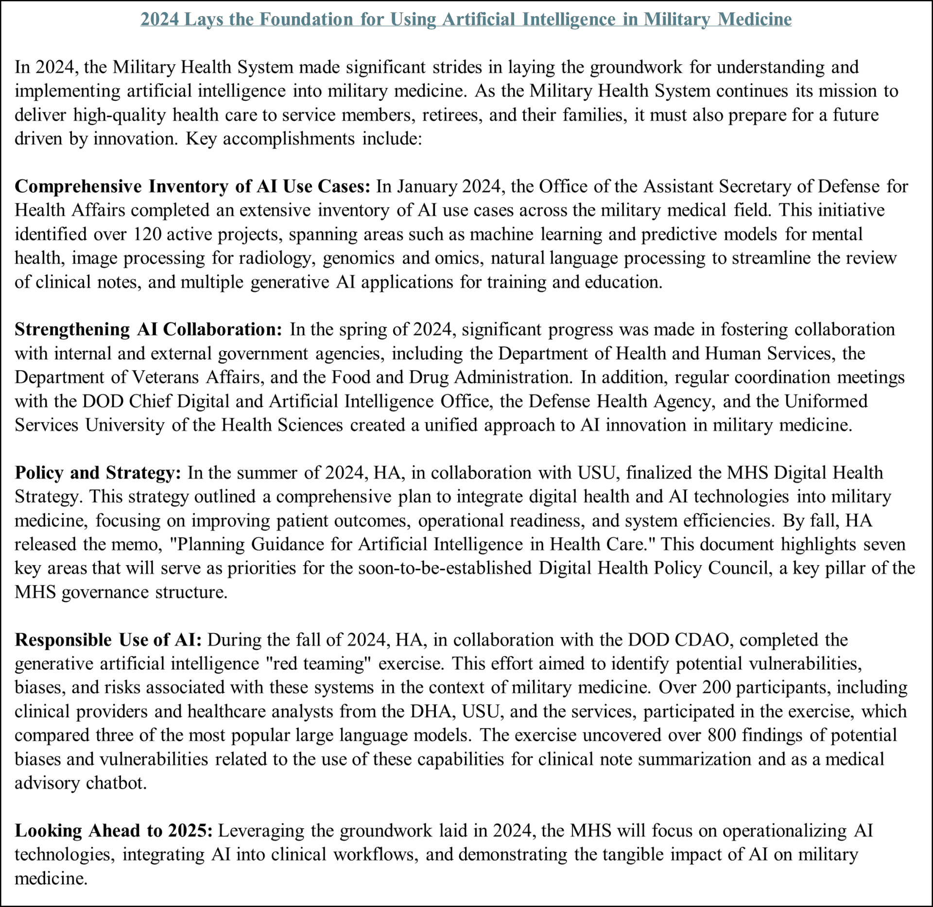 4 Awesome AI Medical Supply Chain Superiority Moves That Win Health Crises 1 A summary document highlights key 2024 AI initiatives in military medicine, covering inventory, collaboration, EHR modernization, policy development, cybersecurity measures, and sets priorities for future advancements in 2025.