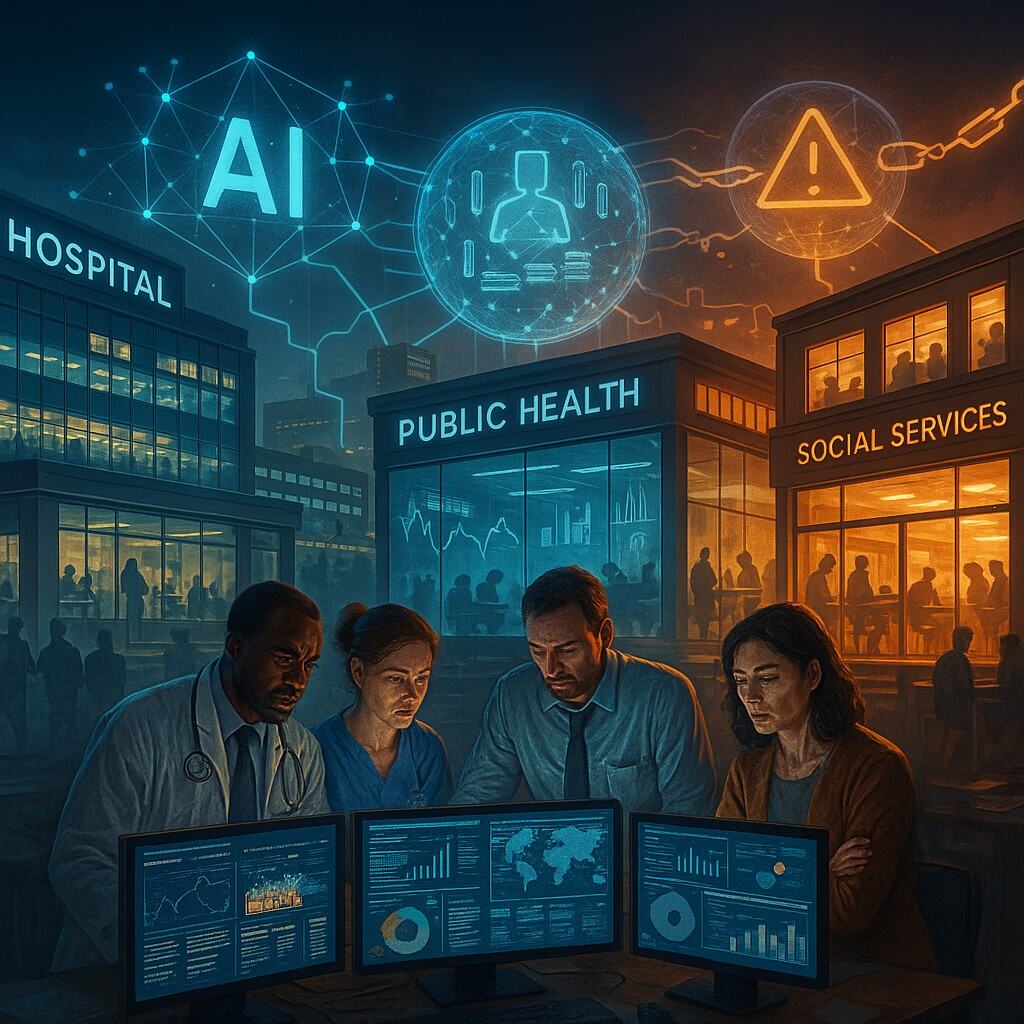 Four professionals review data on computer screens in front of Hospital, Public Health, and Social Services buildings, with AI and data icons glowing above—a scene highlighting healthcare leadership and the role of AI in healthcare decision-making.