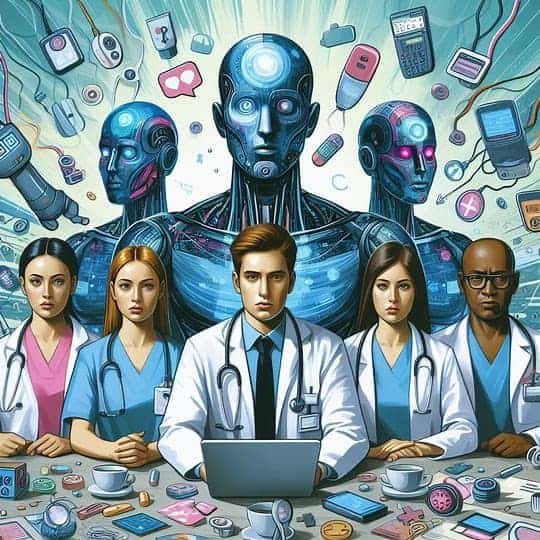 Doctors in white coats and scrubs sit at a table with medical devices, while three futuristic robots stand behind them, symbolizing the integration of AI prompts in healthcare leadership.