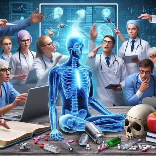 A group of medical professionals wearing lab coats and stethoscopes discuss around a blue 3D skeletal model enhanced with AI analytics. Various medical equipment, a skull, and pills are on the table.