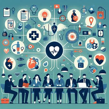 Illustration of people at a conference table making a healthcare plan, surrounded by interconnected medical symbols like stethoscopes, hearts, and medical cross icons, showcasing strategic leadership in health.