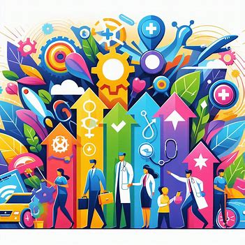 Colorful illustration featuring healthcare professionals, gears, arrows, and medical symbols, representing growth and progress in the medical field through leadership development.