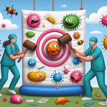 Two medical professionals in scrubs and masks use mallets to play a whack-a-mole game with cartoon germs on a large inflatable target. Employing systems thinking tools, they tackle colorful germs and viruses scattered around, promoting health awareness.