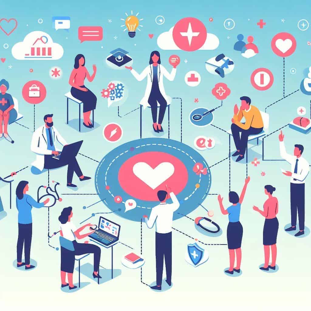 Illustration of medical professionals and patients connected by lines, surrounded by healthcare icons including heart, medication, vaccine, and graphs, symbolizing a network of healthcare communication and upstream health leadership.