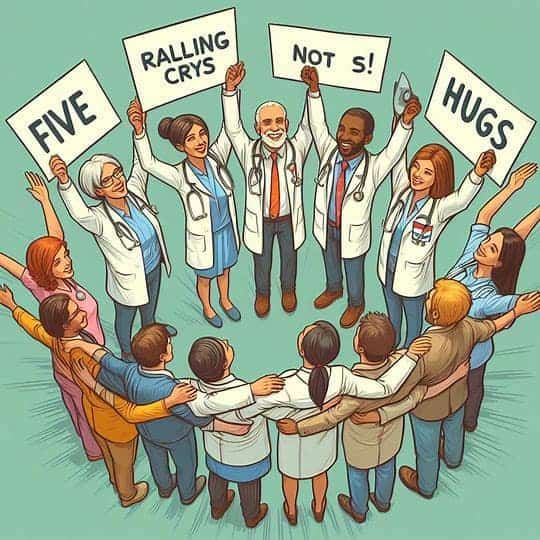 A group of health professionals and individuals stand in a circle, holding up signs that read "FIVE," "RALLING CRYS," "NOT S!," and "HUGS," with their arms raised and smiling.