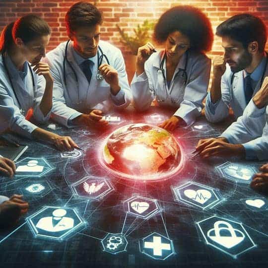 Doctors in white coats, seated around a digital globe with interconnected medical icons, engage in deep discussion under a warm, glowing light—exemplifying strategic health leadership SHELDR.