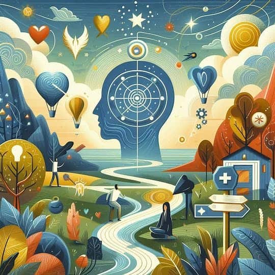 A whimsical illustration depicts a landscape with hot air balloons, trees, a river, and various symbolic icons, all surrounding a human head silhouette with a spiral pattern inside—an artistic representation of strategic thinking skills.