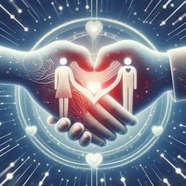 Two stylized hands form a heart shape, with icons of a man and woman inside. Glowing lines and hearts surround the scene, giving a futuristic, digital feel, symbolizing how lateral leadership fosters strong bonds and mutual support in dynamic environments.