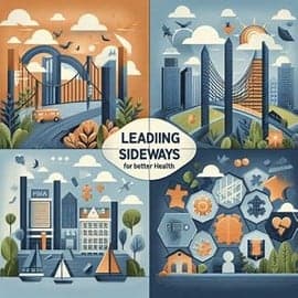 Illustration with four quadrants depicting cities, nature, a hospital, and healthcare elements. Central text reads "Leading Sideways for Better Health," emphasizing the importance of lateral leadership in achieving improved health outcomes.