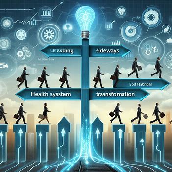 Illustration depicting people walking on arrows labeled "Leading sideways," "Health system," and "Transformation," with an illuminated light bulb above and various icons in the background, emphasizing the concept of lateral leadership.