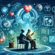 Two individuals seated, engaging in conversation with a futuristic background displaying various technology and healthcare symbols, including hearts and medical icons. A potted plant sits nearby, subtly adding to the scene that underscores their leadership qualities.