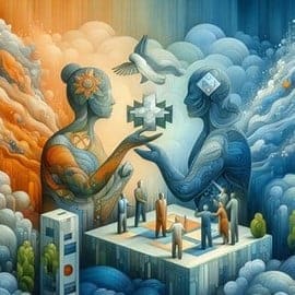 Two abstract human figures, symbolizing lateral leadership, exchange a three-dimensional puzzle piece while standing on a pedestal with miniature people below them. A dove flies in the background amidst clouds of contrasting colors.