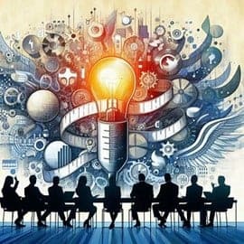 Silhouetted people seated at a conference table with a glowing light bulb, symbolizing lateral leadership, and various abstract technological and scientific icons in the background.