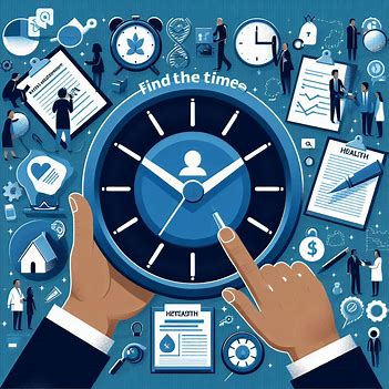 Illustration of a large clock being adjusted, surrounded by icons representing health, work, and various activities. A banner reads, "Find the time." This visual also emphasizes strategic health leader development as you plan your balanced lifestyle.