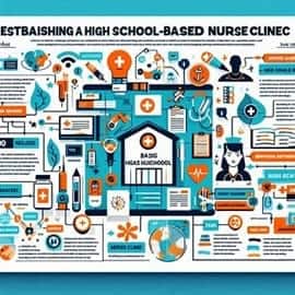 Infographic detailing steps to establish a high school-based nurse clinic, emphasizing leadership, resources, goals, and key components. The design features various health-related icons and text sections for clear guidance.