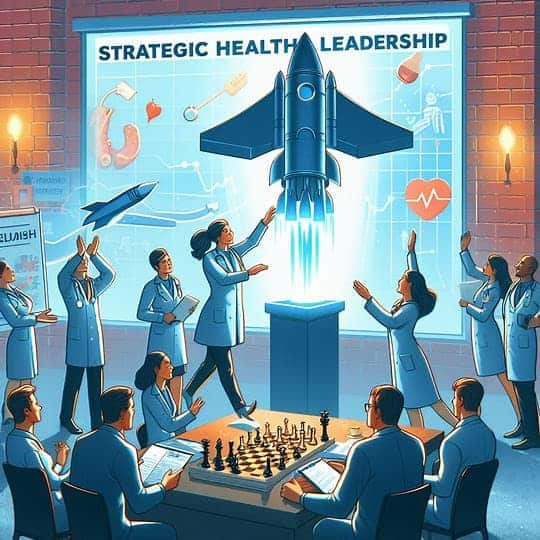 A team of scientists in lab coats celebrate the launch of a rocket in a lab, beneath a "Strategic Health Leadership" sign, highlighting their leadership competencies. Meanwhile, two people play chess in the foreground.