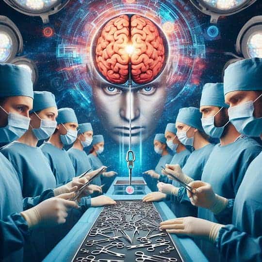 Surgeons in blue scrubs and masks performing brain surgery in a highly advanced operating room, pioneering the field of neuroleadership, with a digital representation of a brain and a face in the background.