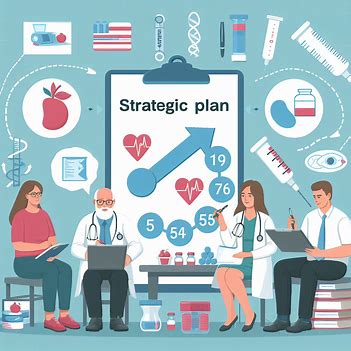 Four people, including two medical professionals, discuss a diabetes prevention strategy illustrated on a large clipboard surrounded by various healthcare-related icons and charts.