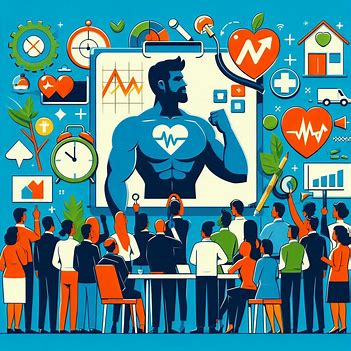 A group of upstream health leaders gather around a table, looking at a screen displaying a muscular figure with a heart symbol and various health-related icons, emphasizing goal setting for optimal wellness.