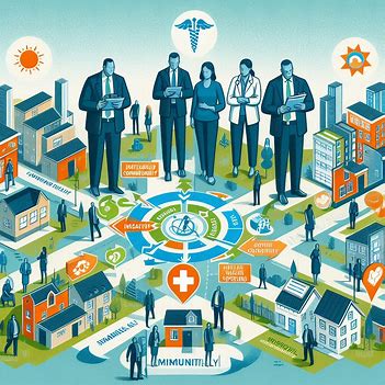 Illustration of healthcare professionals and community members in a healthcare-themed cityscape, featuring icons for immunity, wellness, and health services, highlighting the strategic leadership essential for advancing public health.