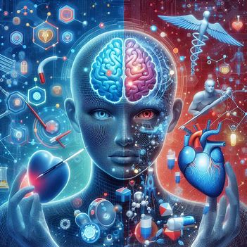 A split-screen depiction of a human figure with a brain on the left symbolizing technology and a heart on the right symbolizing biology, surrounded by various scientific and medical symbols, vividly illustrates the synergy between these fields.