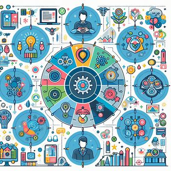 Illustration featuring interconnected blue circles with various icons representing technology, communication, innovation, and business elements like gears, lightbulbs, graphs, and individuals—highlighting characteristics of complex health systems.