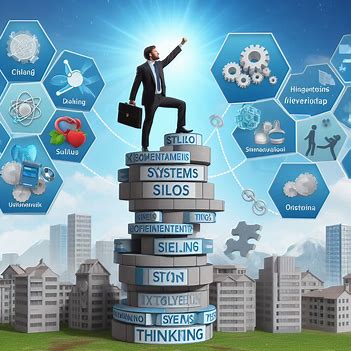 A businessman stands on a stack of books labeled with industry terms, pointing forward. Surrounding him are icons representing various technologies and innovations against a cityscape backdrop, embodying leadership through systems thinking fundamentals.