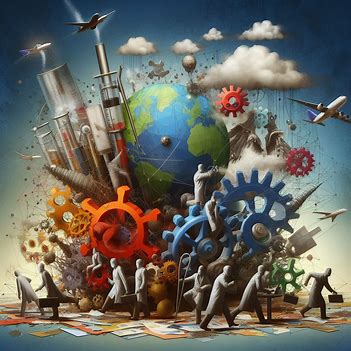 A surreal scene depicting gears, people, and industrial elements surrounding a globe, illustrating themes of global industry, labor, and systems thinking.