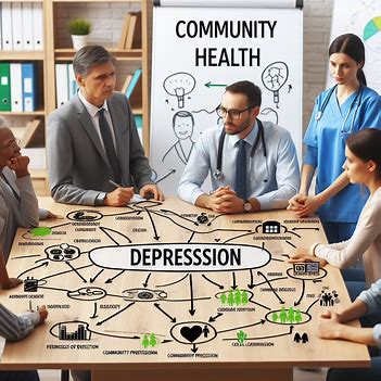 A group of professionals, including doctors, meet around a table with a mind map about depression. A board behind them highlights "Community Health," demonstrating the importance of systems thinking tools in leadership for improving healthcare outcomes.