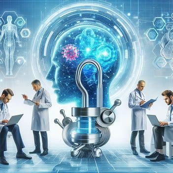 Four doctors in lab coats study data with a large padlock and human brain hologram in the background, symbolizing medical research and data security, embodying systems thinking integrated with AI advancements.