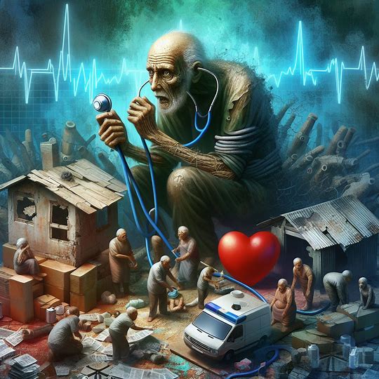 A giant elderly figure with a stethoscope epitomizes leadership as he oversees a scene with smaller people, shacks, and an ambulance; a large heart and an EKG line are prominent in the background, reflecting a system of systems working together for health and well-being.