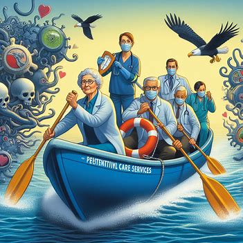 Illustration of healthcare professionals in a boat labeled "Patient/IV Care Services," paddling through waters with threatening virus and bacteria imagery in the background, employing systems thinking tools to navigate and manage the complex healthcare environment.